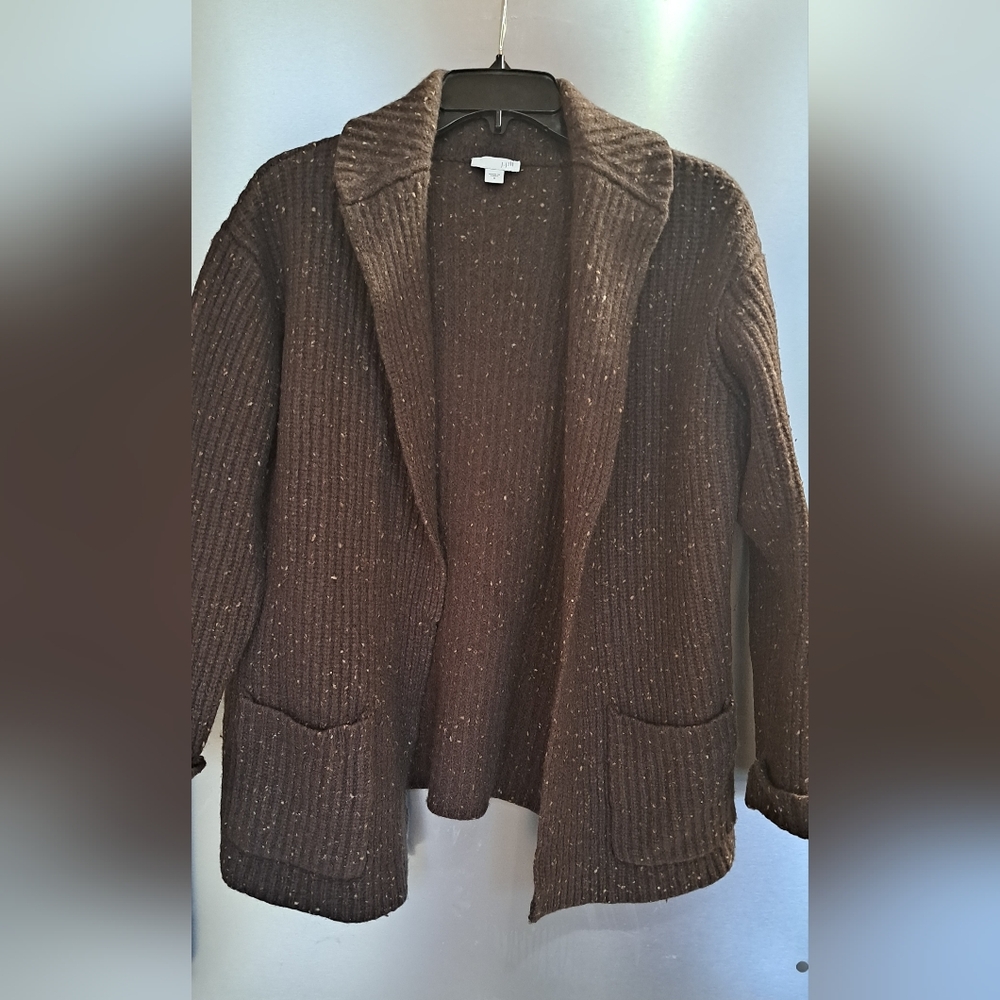 Ladies J. Jill  Sweater Cardigan Croched Knit Brown Speckled Lambs Wool Med